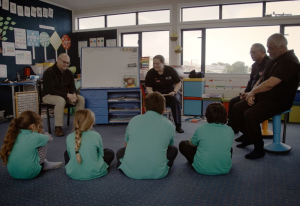 Kaingaroa School Principal Philip Graydon, Wellington SACRR Mirren Allen, Chatham Islands Volunteer Fire Brigade CFO Steve Joyce, Poutakawaenga Māori Paki Johnston at Kaingaroa School