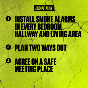 1) Install smoke alarms in every bedroom, hallway and living area. 2) Plan two ways out. 3) Agree on a safe meeting place.