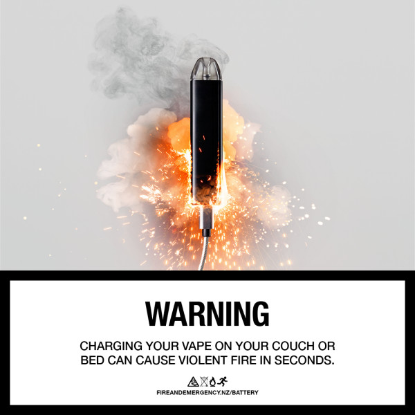 Warning - Charging your vape on your couch or bed can cause violent fire in seconds
