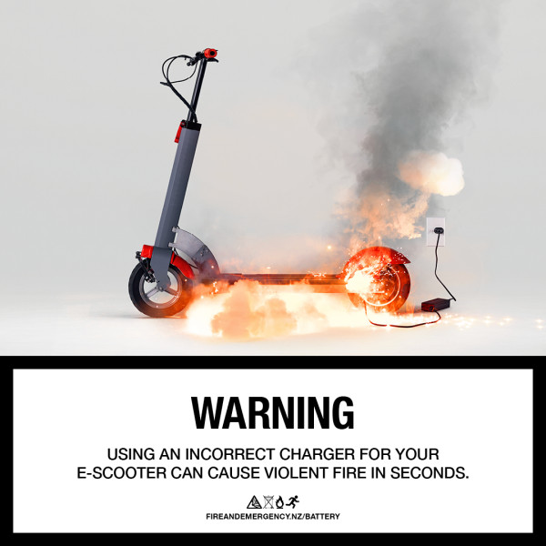 Warning - Using an incorrect charger for your E-scooter can cause violent fire in seconds