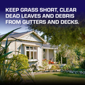 Keep grass short, clear dead leaves and debris from gutters and decks