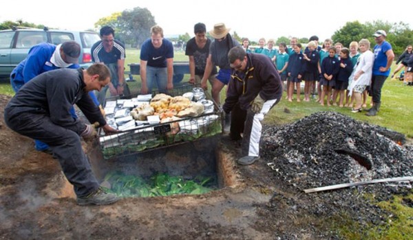 Men lowering food into a hangi as embers cool on a sheet of corrugated iron
